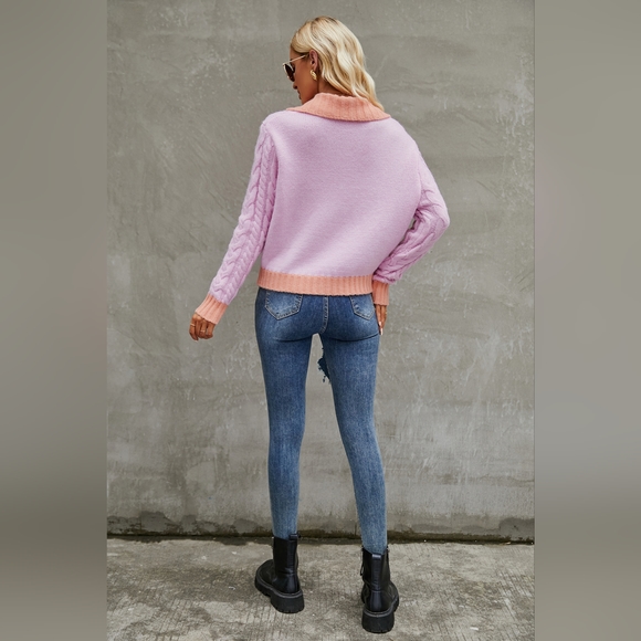 Contrast Collared Neck Cable-Knit Cardigan - Picture 2 of 4